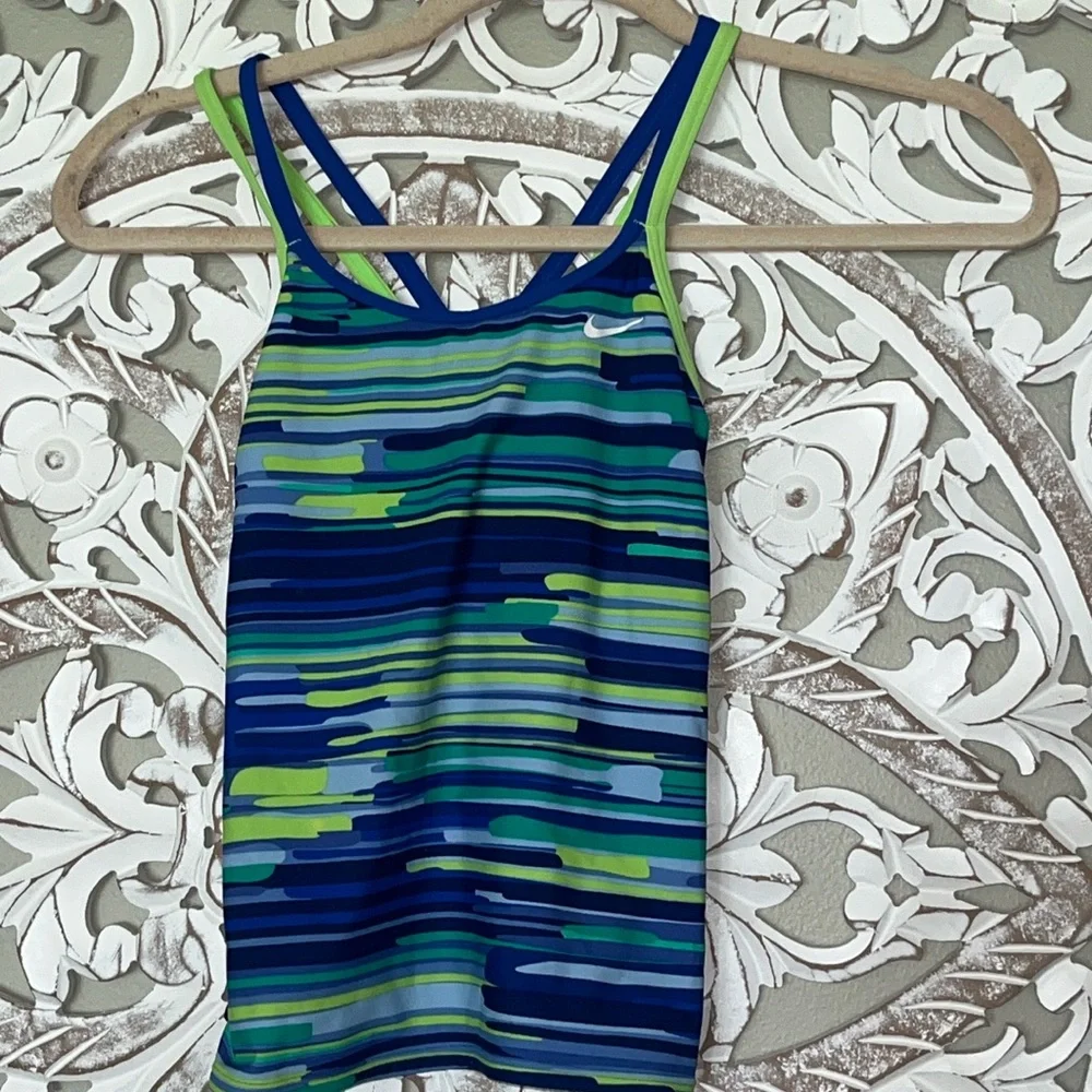 Nike Blue Green & White Striped Racerback Cross Strap Tankini Swim Top szYouth M
